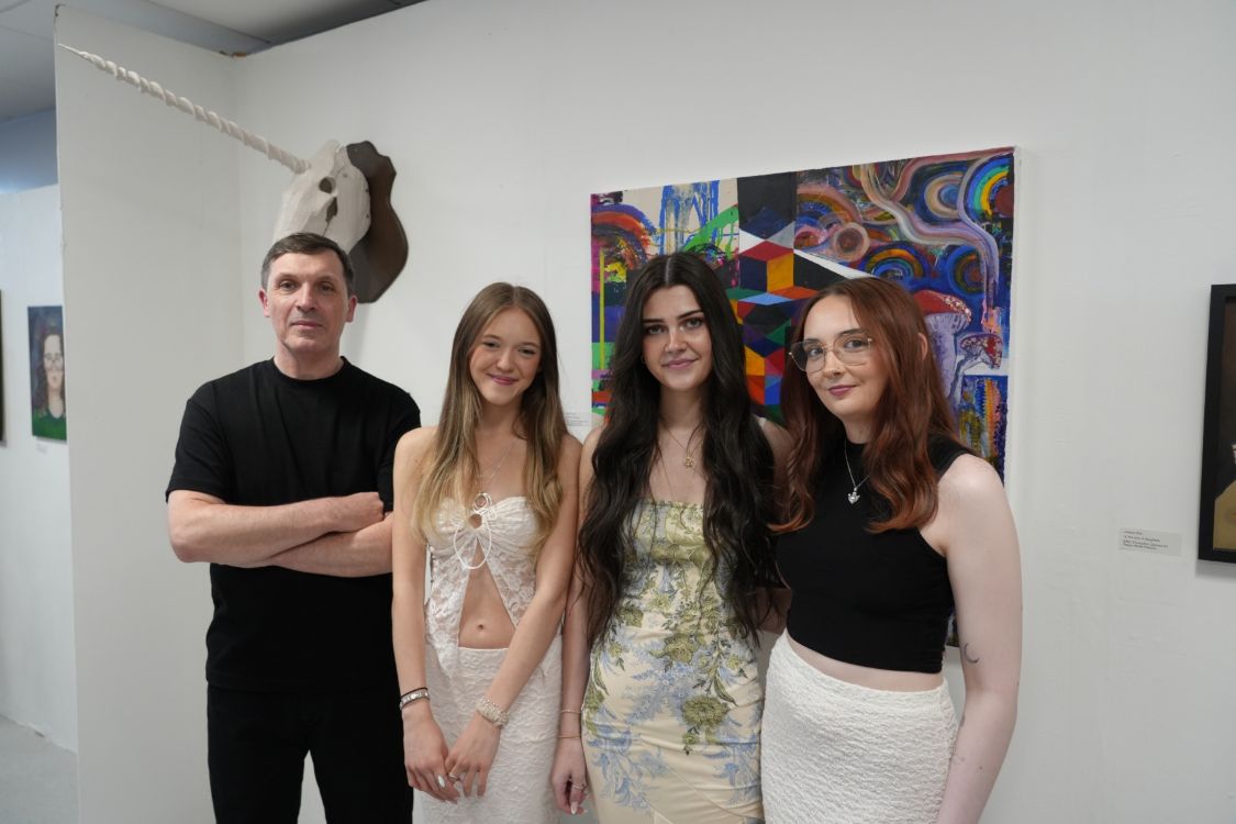Charles Walsh, Art Lecturer with Jessica Weir, Holly Watson and Christina Wilson, all BTEC Foundation Diploma in Art and Design.